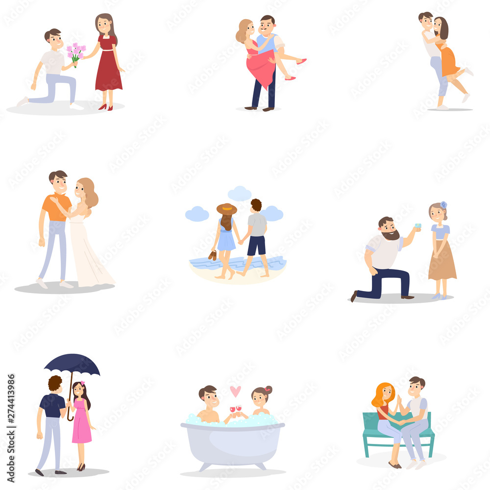 Set of modern romantic couple, woman and man in different situation