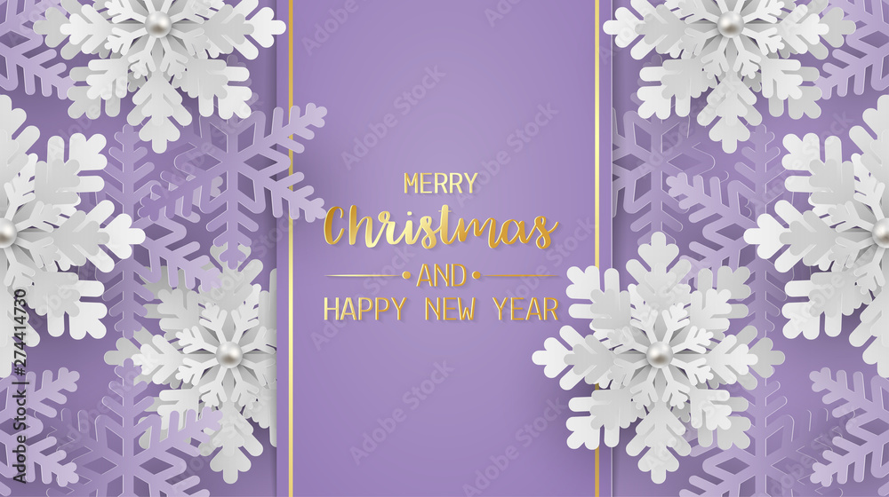 Merry christmas and happy new year greeting card, postcard with snowflake on purple background. Paper art style - obrazy, fototapety, plakaty 