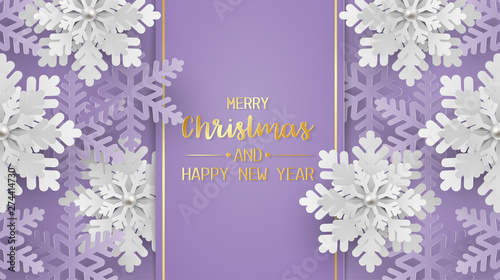 Merry christmas and happy new year greeting card, postcard with snowflake on purple background. Paper art style