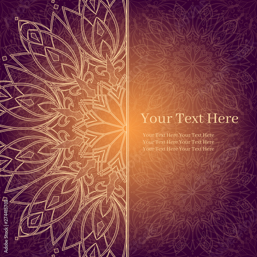 Invitation, card, booklet with glow mandala.  Geometric circle element. luxury  vintage frame, mandala wallpaper ornaments.  Menu cover for oriental, arabic or indian restaurant.