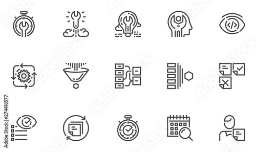 Agile Development Vector Line Icons Set. Production Management, Project Quality Control, Scrum Master. Editable Stroke. 48x48 Pixel Perfect.