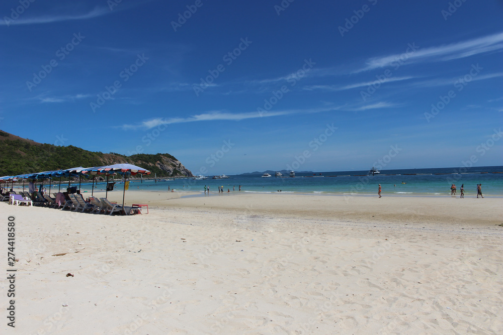 Thailand Bangkok Beach sandy beach with parasols