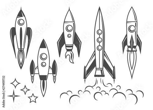 Rocket icons, set of vintage-style illustrations