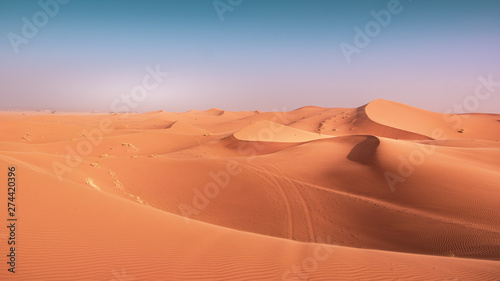 Landscape view of yellow sand and clear blue sky. Sahara, Morocco. © The Walker