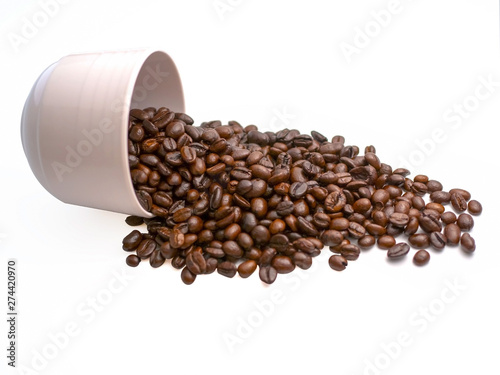 Coffee beans with cup isolated on a white background.