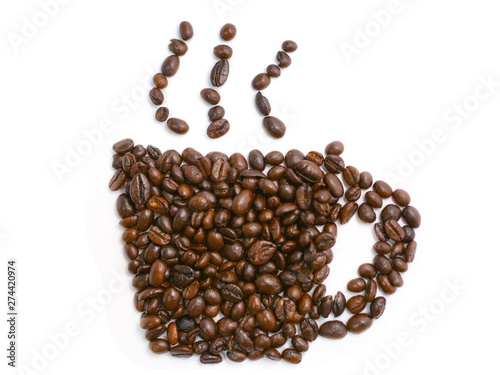 coffee cup shap of coffee bean isolated on a white background.