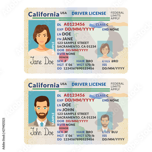Vector template of sample driver license plastic card for USA California photo