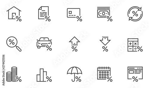 Loan and Credit Vector Line Icons Set. Credit Calculator, Increase and Decrease In Credit Rates, Loan Processing. Editable Stroke. 48x48 Pixel Perfect.