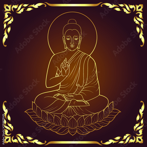 Golden Buddha Siddhartha gautama sit on lotus line art style with traditional frame