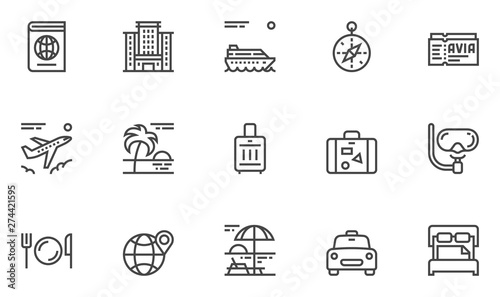 Travel Vector Line Icons Set. Hotel Services, Luggage, Passport. Editable Stroke. 48x48 Pixel Perfect.