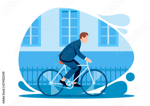 Man dressed in an elegant suit rides a bicycle through the city. Colorful vector illustration in flat style.