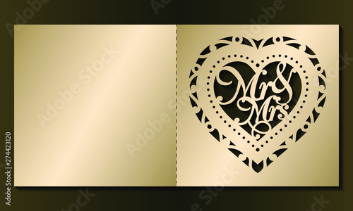 Laser cut template of wedding invitation. Square card with Mr, Mrs, ornate ornament. Gold vector illustration. Heart silhouette for Valentine's day. Panel for wood carving, paper cut, diecut pattern.