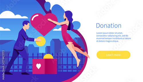 Donation and volunteers work concept with characters and text place. Support for the poor, homeless and the elderly. Colorful flat vector illustration for web banner, infographics, landing page.