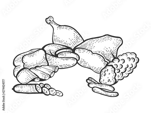 Meat products sketch engraving vector illustration. Scratch board style imitation. Hand drawn image.