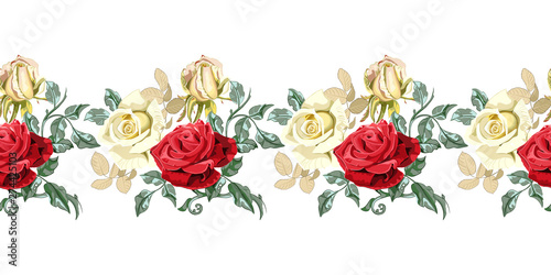 Horizontal seamless border of bouquets of red, yellow roses on white background.