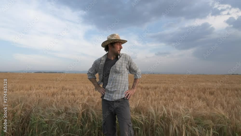 Portrait of farmer standing in barley field resisting strong wind Portrait of farmer standing in barley field resisting strong wind