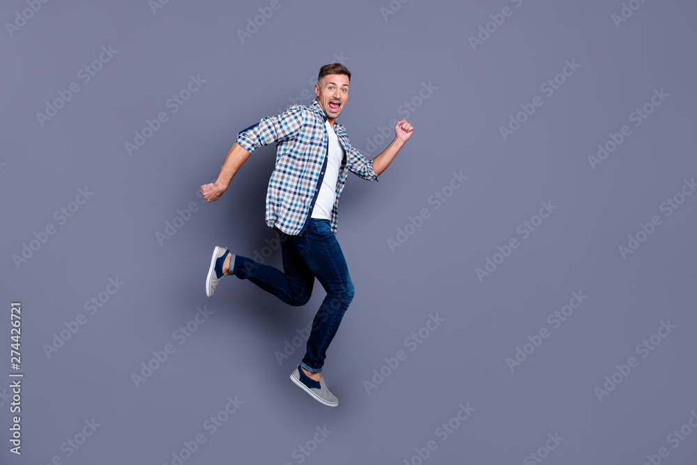 Full length body size view photo of charming funny funky youth have free time rest relax movement dream dreamy dressed modern outfit isolated grey background