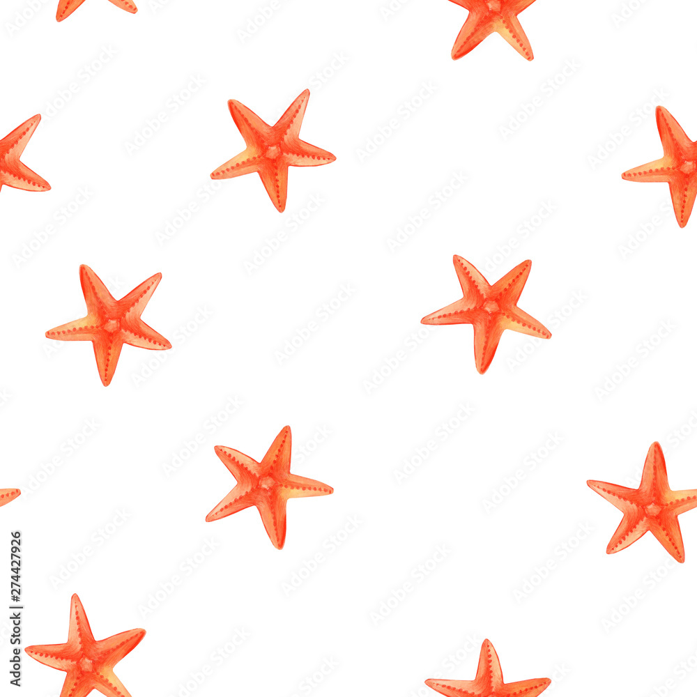Watercolor starfishes. Seamless pattern starfish on , cartoon illustration of beach summer background. 