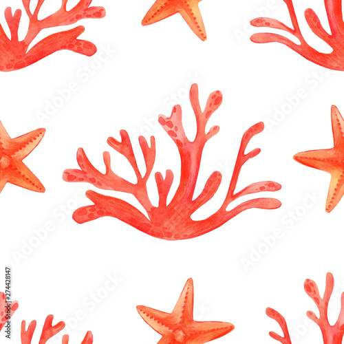 Watercolor coral reef seamless pattern. Hand drawn cartoon background design: starfish and corals, on white background. Background for children's paper, fabric designs.