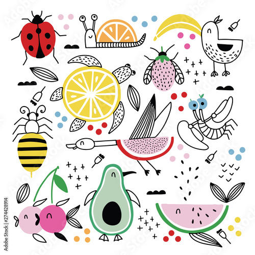 Animal cartoon fruit funny doodle vector ill