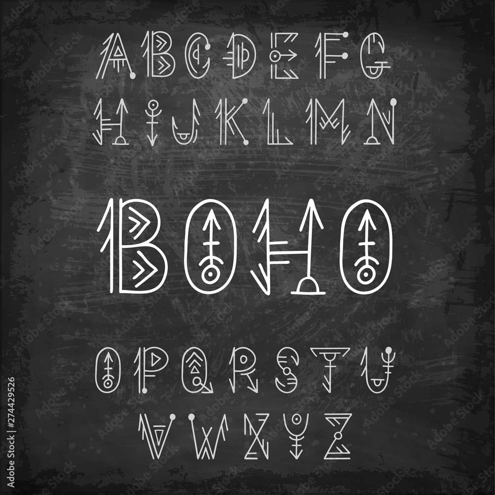 Tribal alphabet. Hand-drawn vector ethnic font. Boho style letters on chalk  board. Stock Vector | Adobe Stock