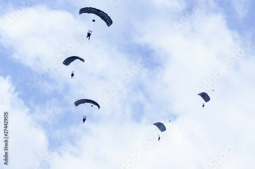 Slika na platnu Military parachutists also called paratroopers in the sky with many clouds