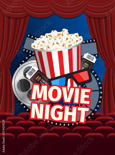 Movie night concept template for cinema poster with ticket, 3D glasses, clapboard, therater curtains, and popcorn
