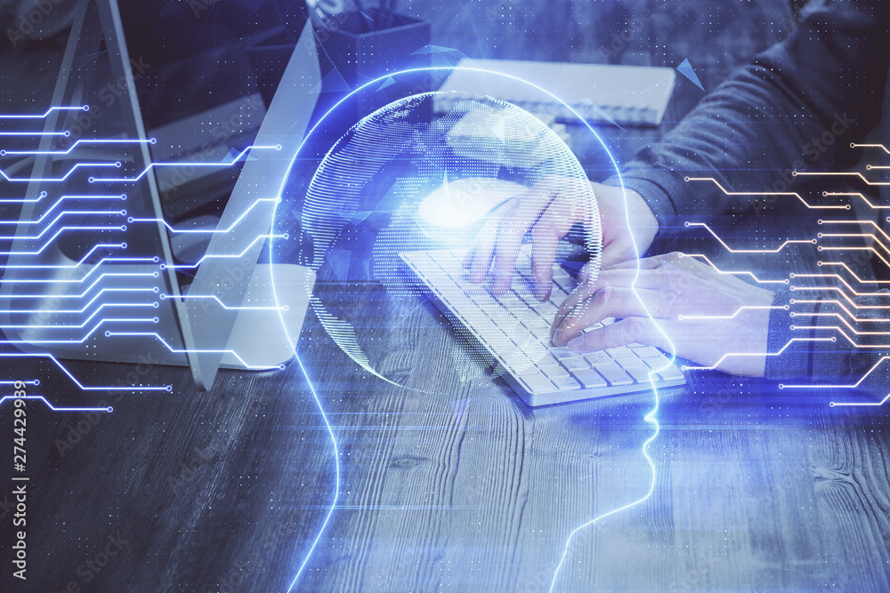 Man typing on keyboard background with brain hologram. Concept of big Data. Double exposure. Man typing on keyboard background with brain hologram. Concept of big Data. Double exposure.