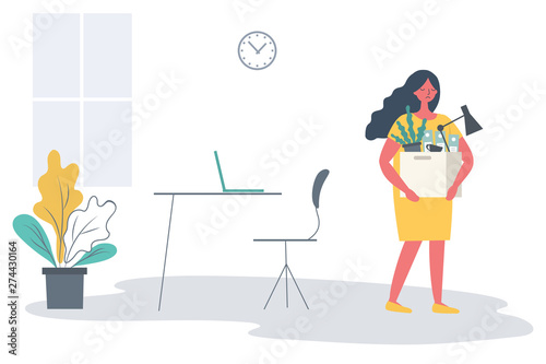 Office worker with a box of stationery in the hands. Sad young woman holding office supplies. Concept: employee was fired, lost his job. Funky flat style. Vector illustration