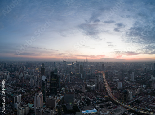 Aerial view of business area and cityscape in the dawn  West Nanjing Road  Jing  an district  Shanghai