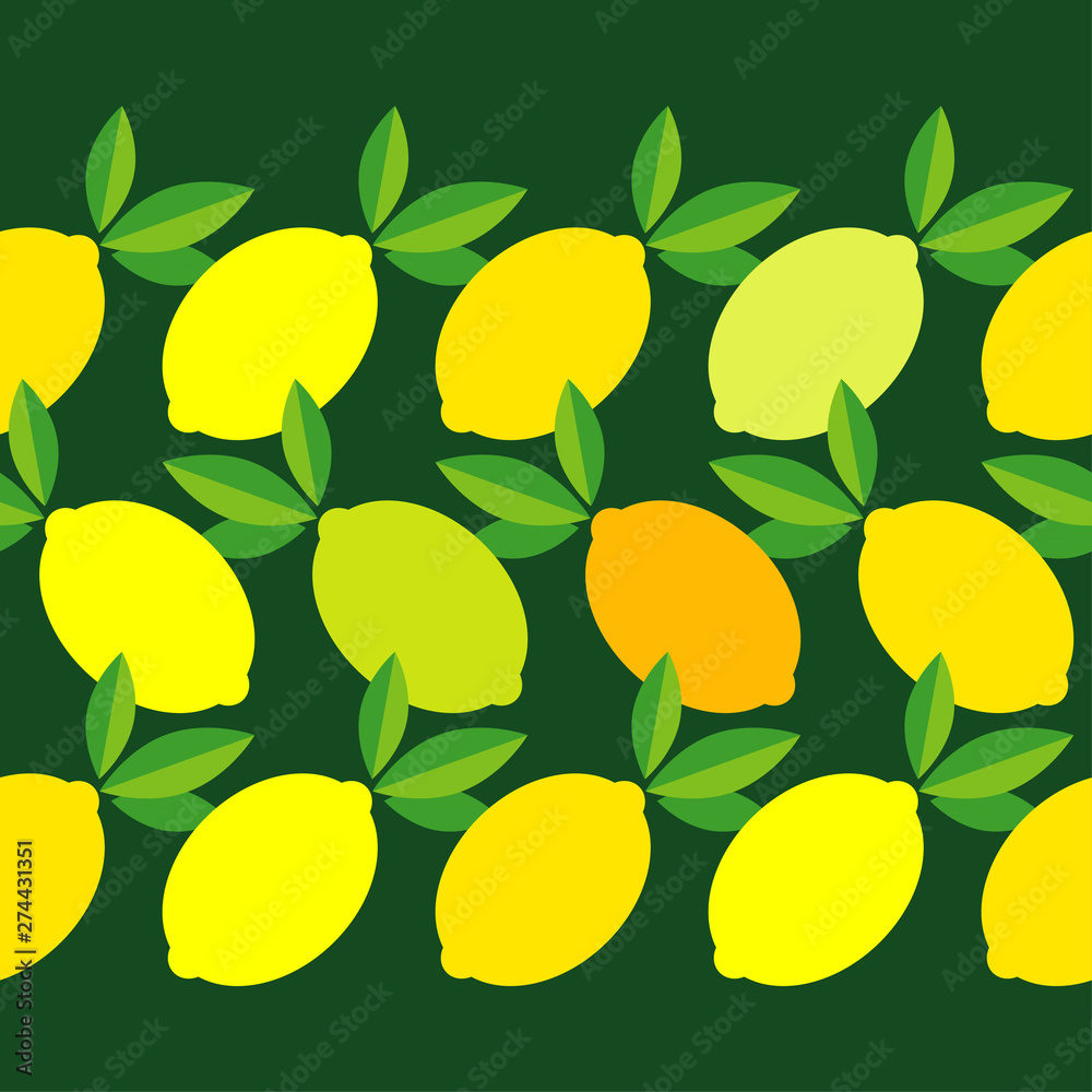 Seamless pattern with decorative lemons. Cute cartoon. Summer garden. Vector illustration. Can be used for wallpaper, textile, invitation card, wrapping, web page background.