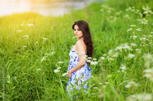 Beautiful girl in blue dress among wildflowers