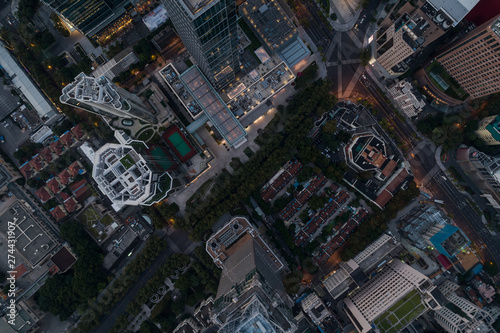Aerial view of business area and cityscape in the dawn, West Nanjing Road, Jing` an district, Shanghai