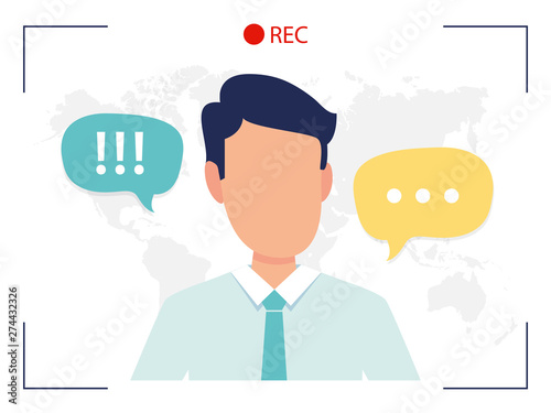 TV news anchorman main news reader on a television program, media industry worker reports from a studio on screen current events and information vector flat style