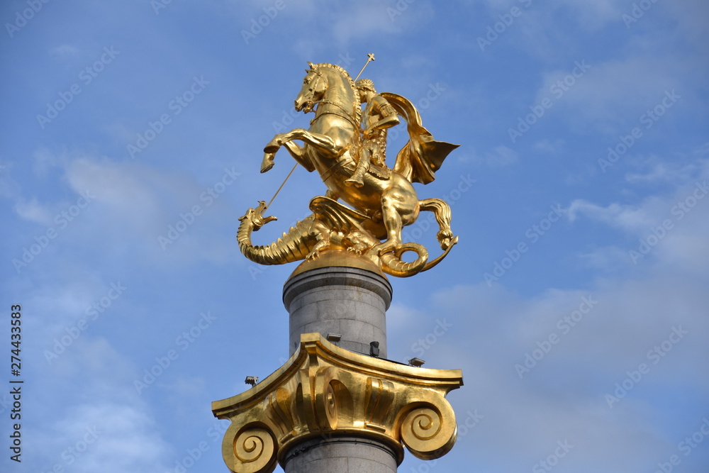Monument of St George Statue, Wide Low-Angle Shot, Tbilisi, Georgia Monument of St George Statue, Wide Low-Angle Shot, Tbilisi, Georgia