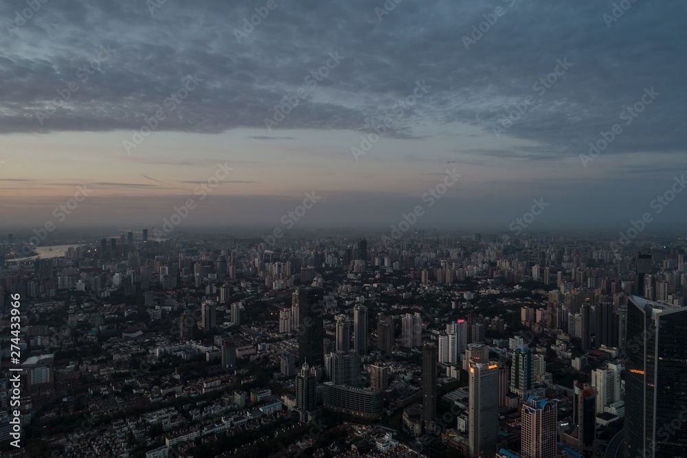 Aerial view of business area and cityscape in the dawn, West Nanjing Road, Jing` an district, Shanghai