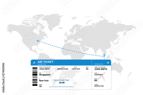 Airplane ticket with world map background.