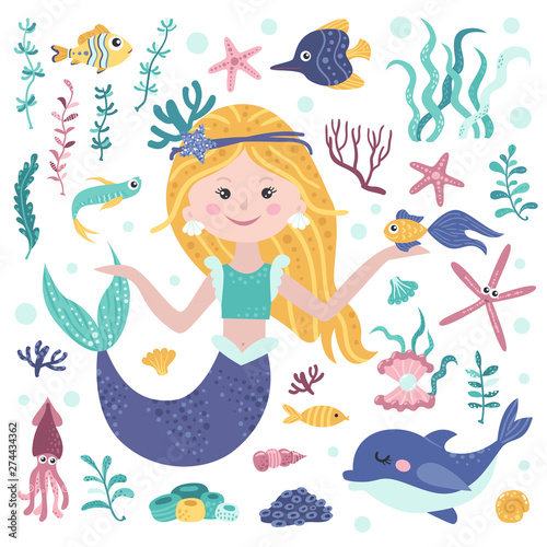 Set of cute mermaid, seaweeds and marine inhabitants
