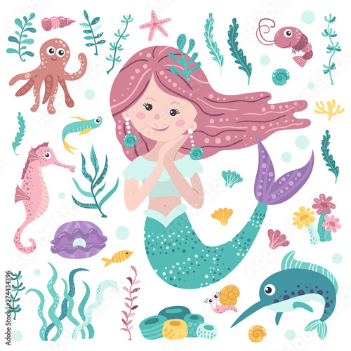 Set of cute mermaid, seaweeds and marine inhabitants . Colorful vector illustration collection