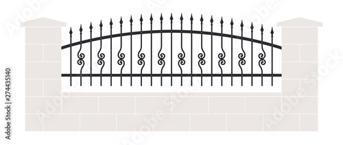 Iron fence with spearheads and wall. On white background