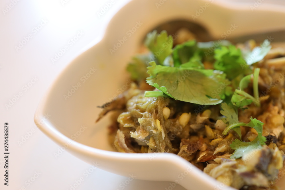Close up chili mixed with mackerel , Is a popular Thai food in the countryside and is considered a past food culture Close up chili mixed with mackerel , Is a popular Thai food in the countryside and is considered a past food culture