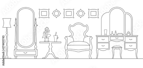 Dressing room in outline style. Interior room with mirror vanity makeup and accessories. Linear girls room. Vector illustration.