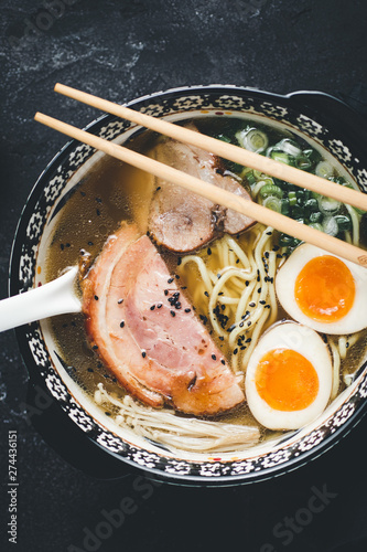 Traditional Ramen Soup with Noodles, Pork and Eggs