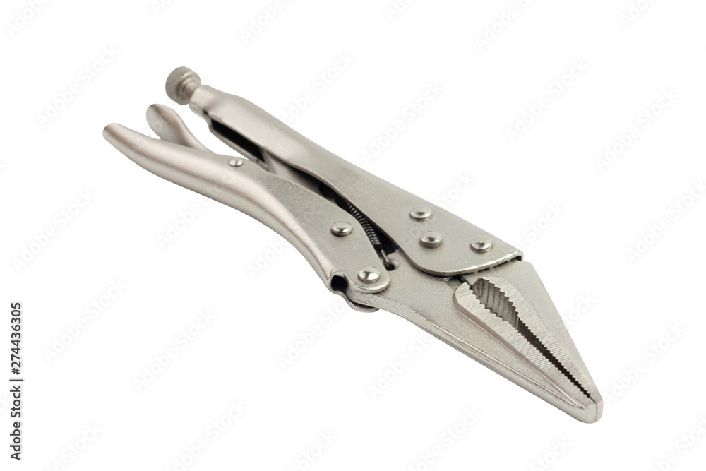 Toothed pliers for fixing metal surfaces for welding isolated on white background without shadow Toothed pliers for fixing metal surfaces for welding isolated on white background without shadow