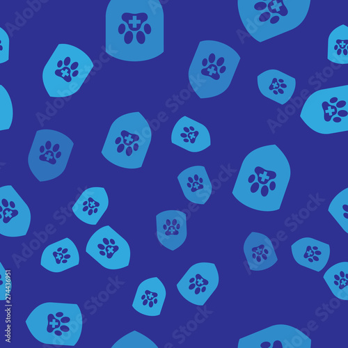 Blue Animal health insurance icon isolated seamless pattern on blue background. Pet protection icon. Dog or cat paw print. Vector Illustration