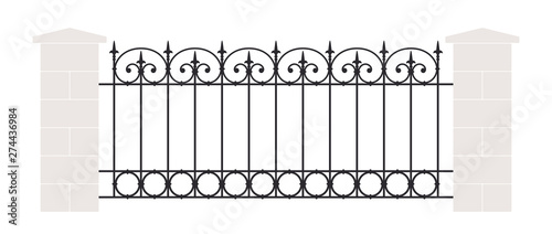 Iron fence with spearheads and wall. On white background