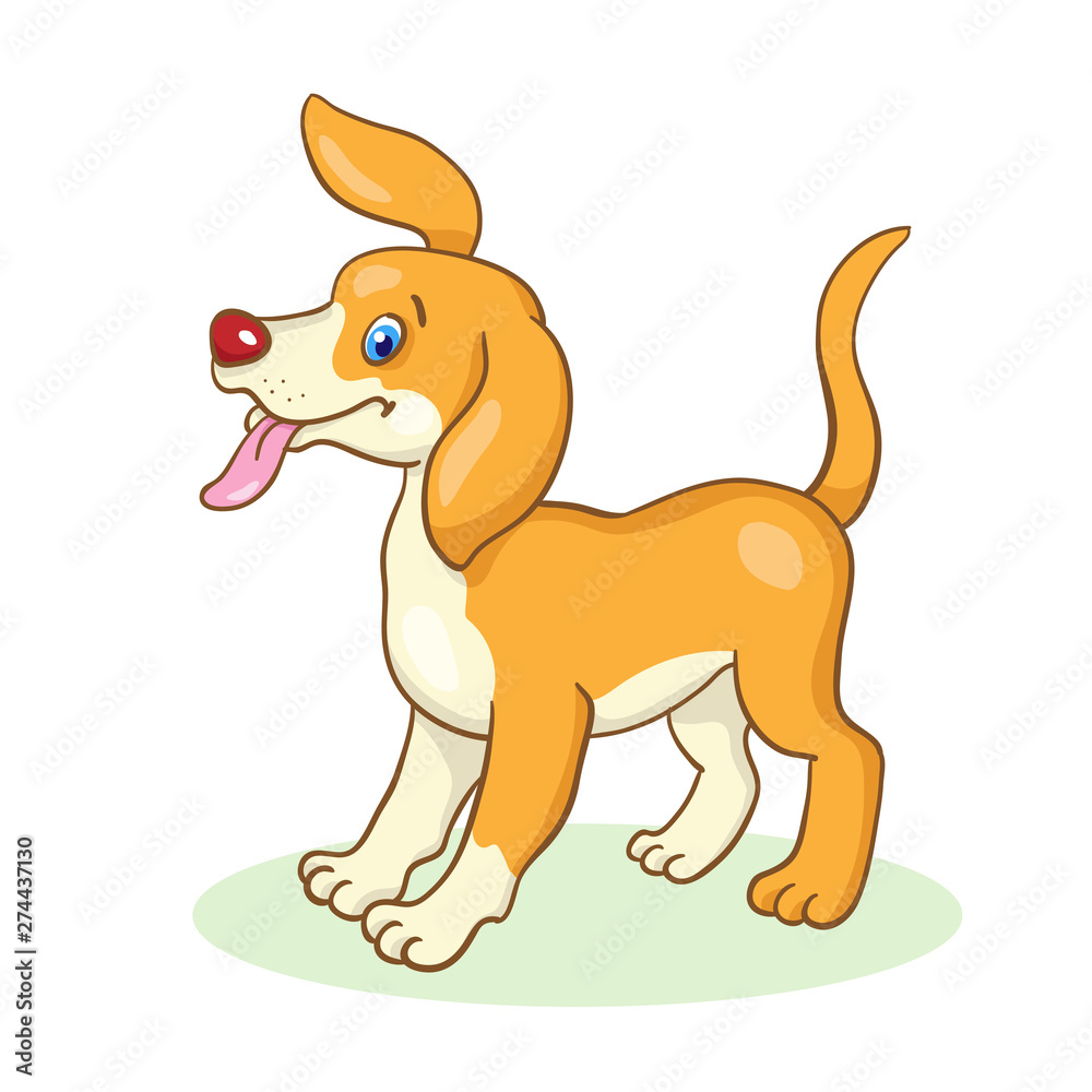 Little funny dog with stuck out tongue in cartoon style. Isolated on white background. Vector illustration.