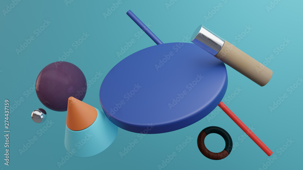 Composition of solid primitive geometric shapes. Flying shapes on blue background. 3d Illustration Composition of solid primitive geometric shapes. Flying shapes on blue background. 3d Illustration