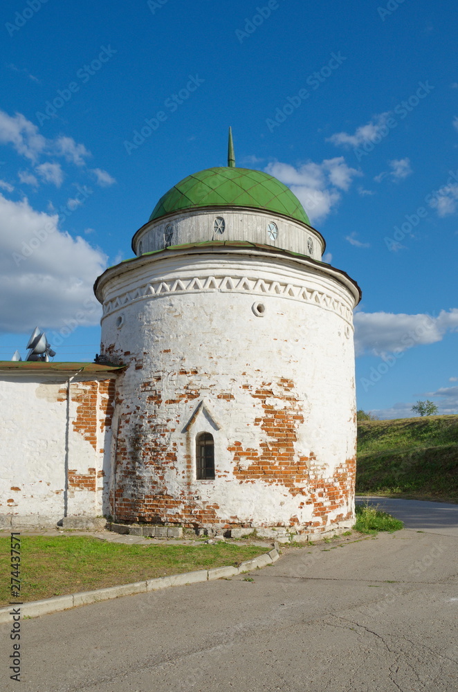Ryazan, Russia - August 17, 2018: Tower of the Spaso-Preobrazhensky monastery in Ryazan Kremlin