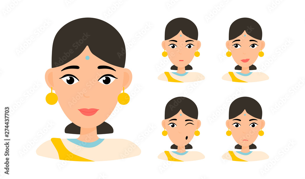 Face expressions of woman with dark hair